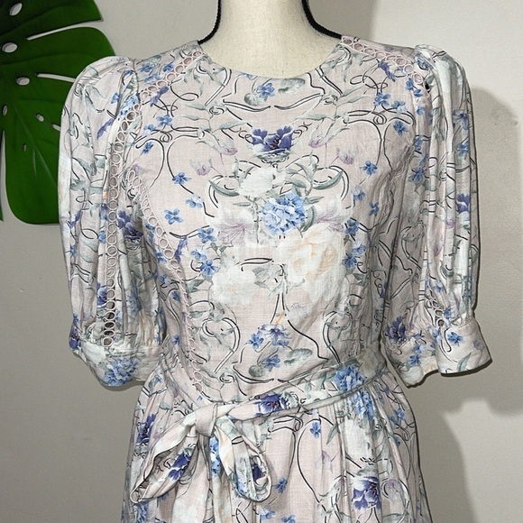 Express Floral Linen-Blend Puff Shoulder Tie Waist Romper Sz. M - Picture 6 of 15